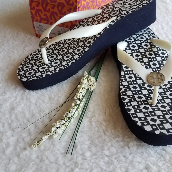 Tory Burch Shoes - NWT Tory Burch Blue & White Wedge Flip Flop